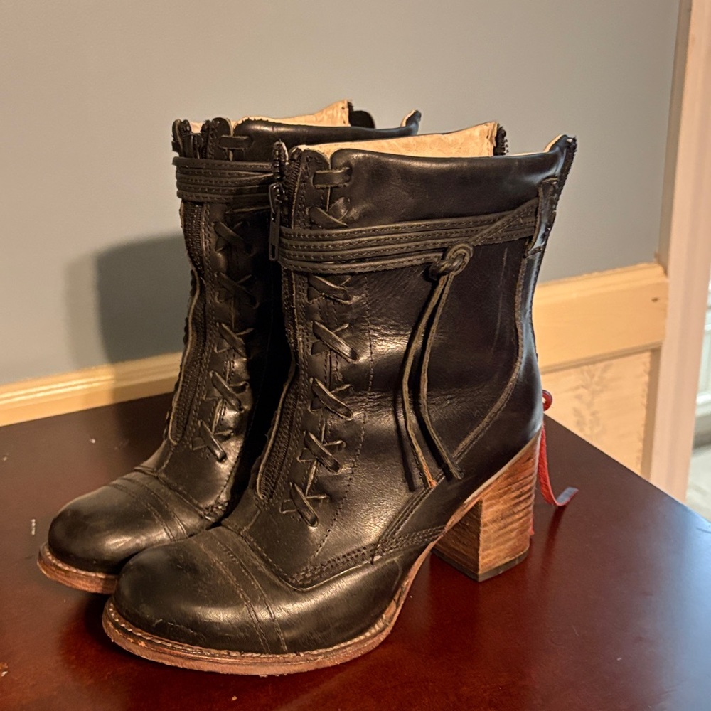 Freebird by Steven Black Leather Lace-Up Heeled Ankle Boots